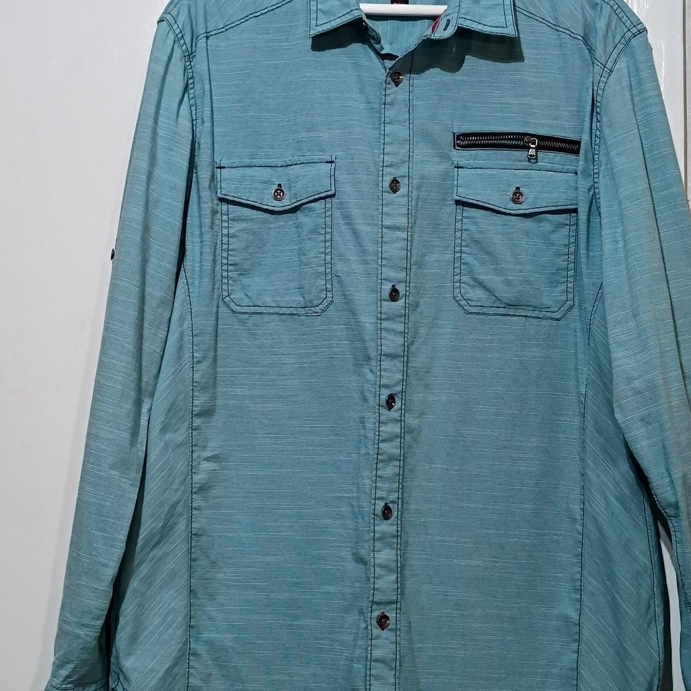 Size L Rock & Republic Button Down Shirt Teal Blue Stretch Roll Tab Long Sleeve
